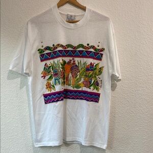 Vintage 90s KWBL Los Angeles Art Bird Cat Print Cotton Polyester T Shirt L/XL